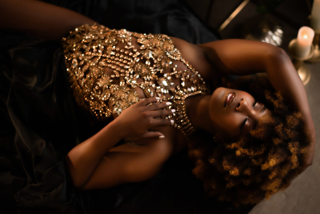 black woman boudoir shoot with body jewelry